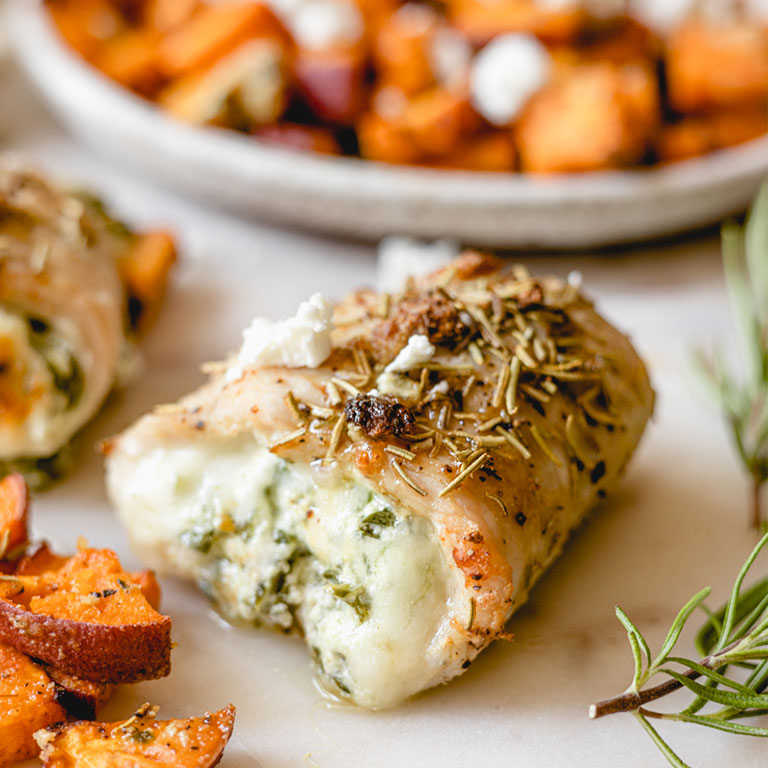 Rosemary Provolone Stuffed Turkey Cutlets with Sweet Potatoes